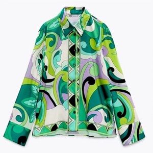 Zara Retro Print Satin Green Floral Button Down Blouse Sz XL GUC